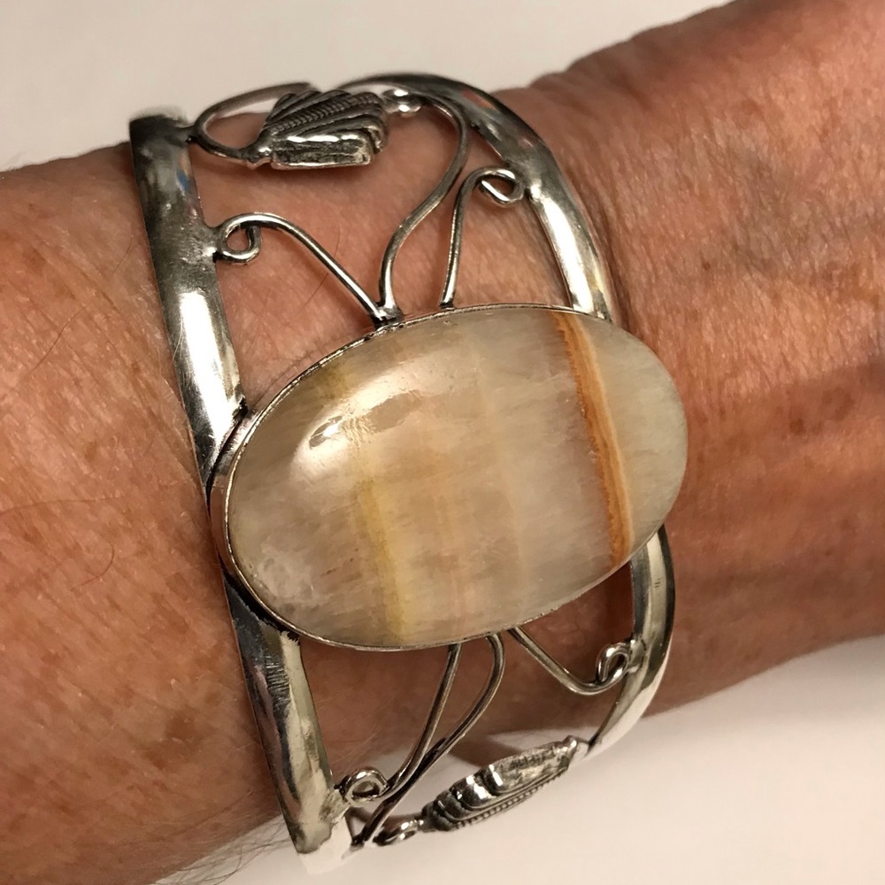Stampd 925 Sterling Silver Orange Lace Calcite Cuff Bracelet